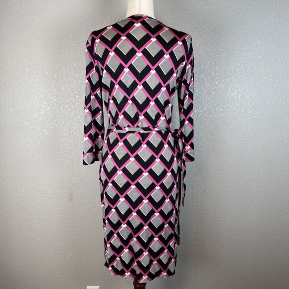 Diane Von Furstenberg Julian Two Wrap Dress Size 12 Square Tips Pink Black Silk - Picture 4 of 10